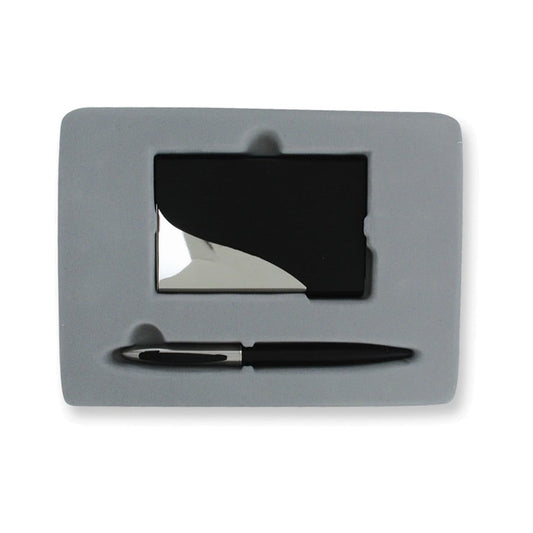 Nickel-plated & Black Finished Card Case & Pen Gift Set