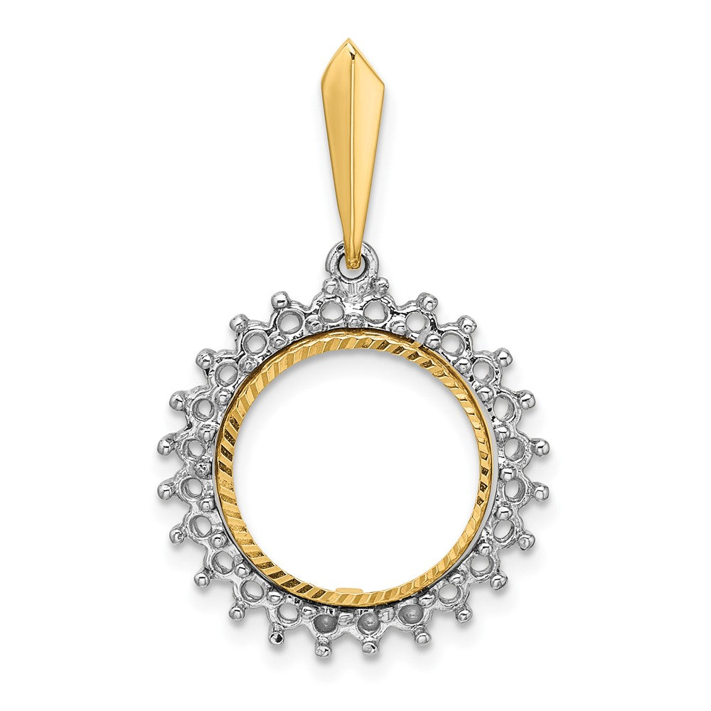 Wideband Distinguished Coin Jewelry 14k Two-tone Polished and Diamond-cut Diamond Circle 13.0mm Prong Coin Bezel Pendant Mounting