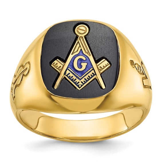 IBGoodman 14k Men's Polished and Grooved with Onyx Blue Lodge Master Masonic Ring