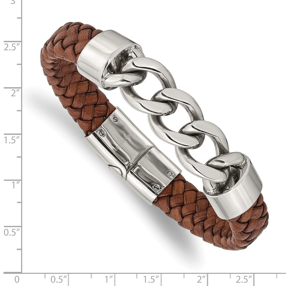 Stainless Steel Polished Chain and Brown Leather 8.25in Bracelet 8.25 inches