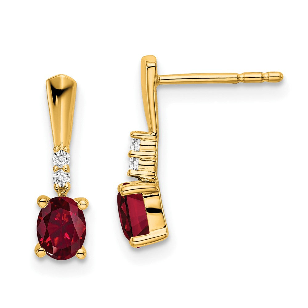 14K Gold Oval Created Ruby & Diamond Dangle Earrings