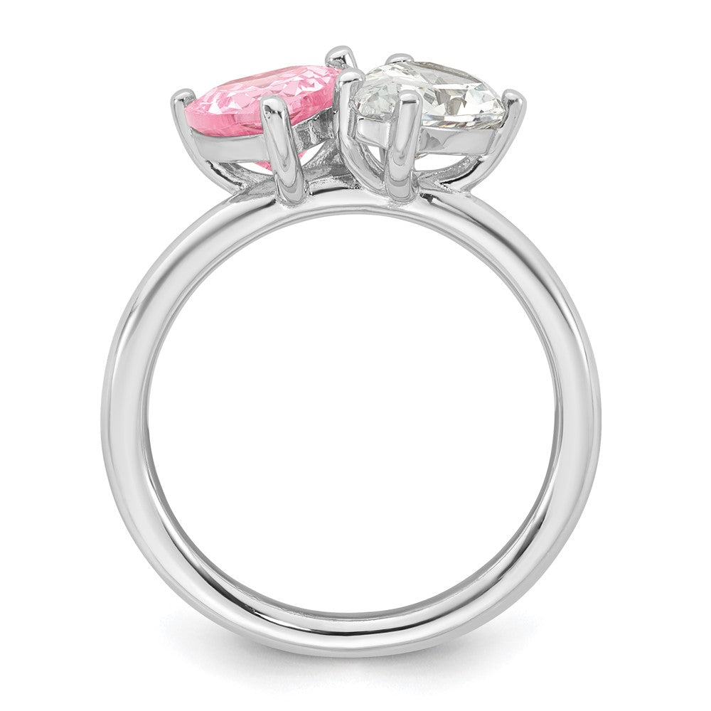 Sterling Silver Rhodium-plated Polished Heart Pink and Pear-shaped White CZ Size 7 Ring