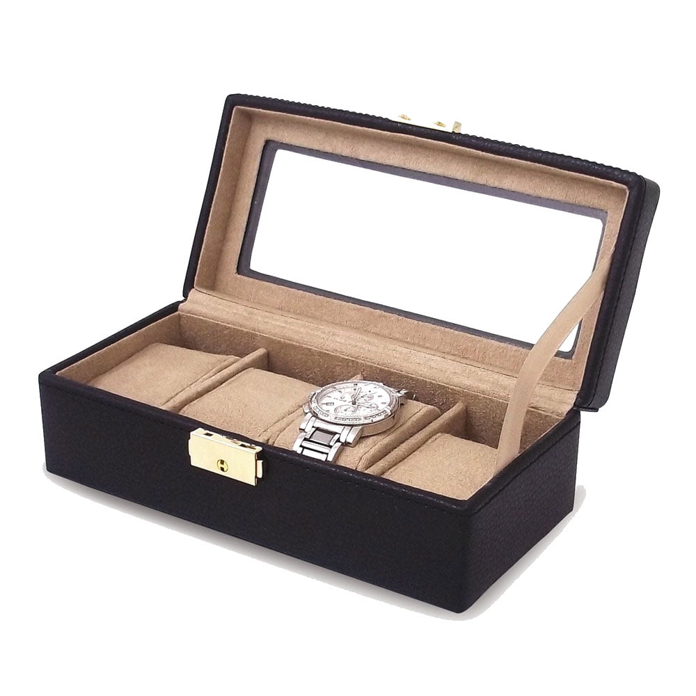 Black Leather Clear Lid 4-Watch Case GL6982
