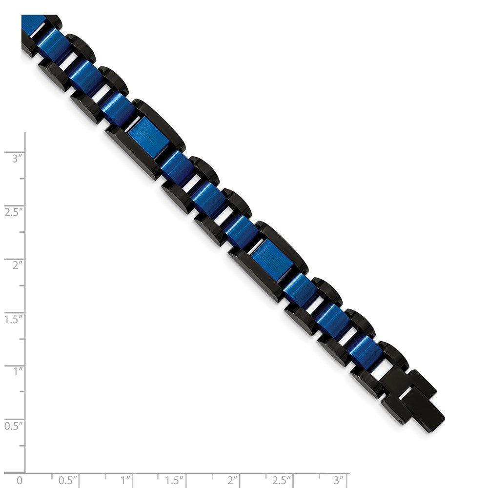 Stainless Steel Brushed & Polished Black & Blue IP-plated 8.75in Bracelet 8.75 inches