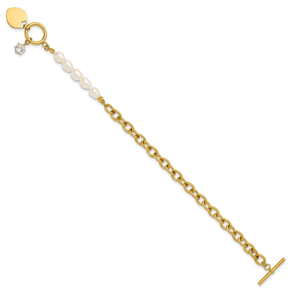 Chisel Stainless Steel Polished Yellow IP-plated with Half White Freshwater Cultured Pearl and CZ Heart Dangle 8.25 inch Bracelet 8.25 inches
