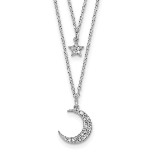 Sterling Silver Rhod-pltd CZ Star and Moon 2in ext 2-strand Necklace 16 Inches