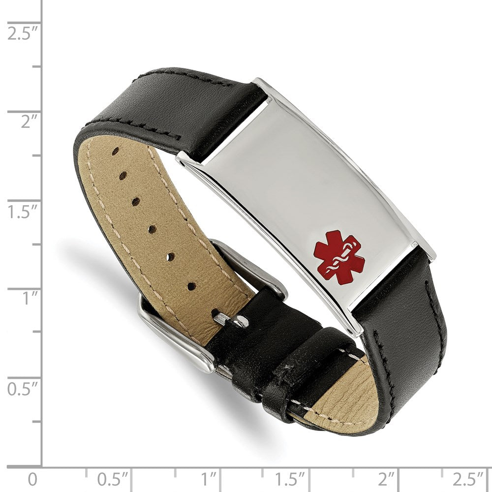 Stainless Steel Polished Enamel Leather Adj 6.5-8.25in Medical Bracelet 8.25 inches