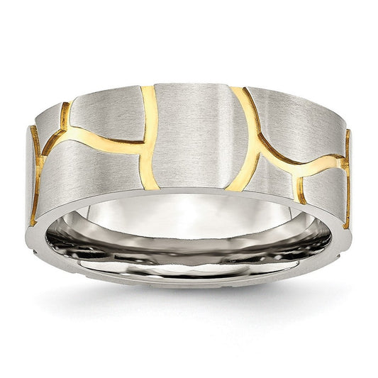 Stainless Steel Satin and Grooved Gold Plated Brushed Mens 8mm Band Ring Size 10.5 -  for Men
