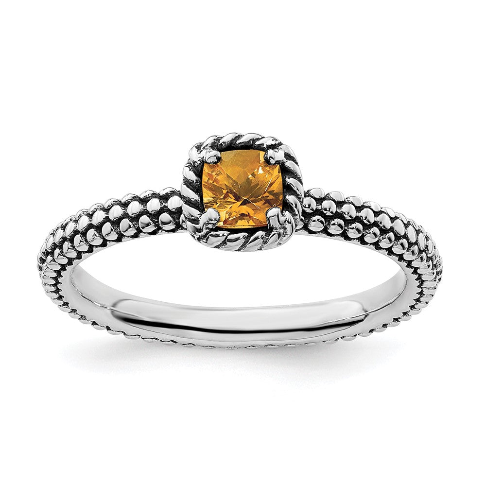 Sterling Silver Stackable Expressions Checker-cut Citrine Antiqued Ring Size -10