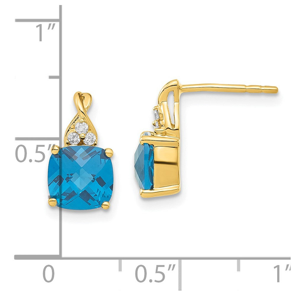 14K Yellow Gold Synthetic Checkerboard Blue Topaz & Diamond Earrings