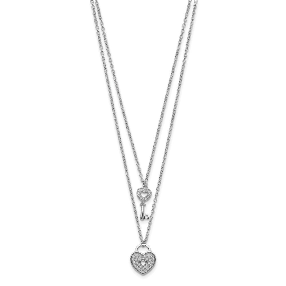 Sterling Silver Rhodium-plated CZ Heart Lock/Key w/2in ext Necklace 16 Inches
