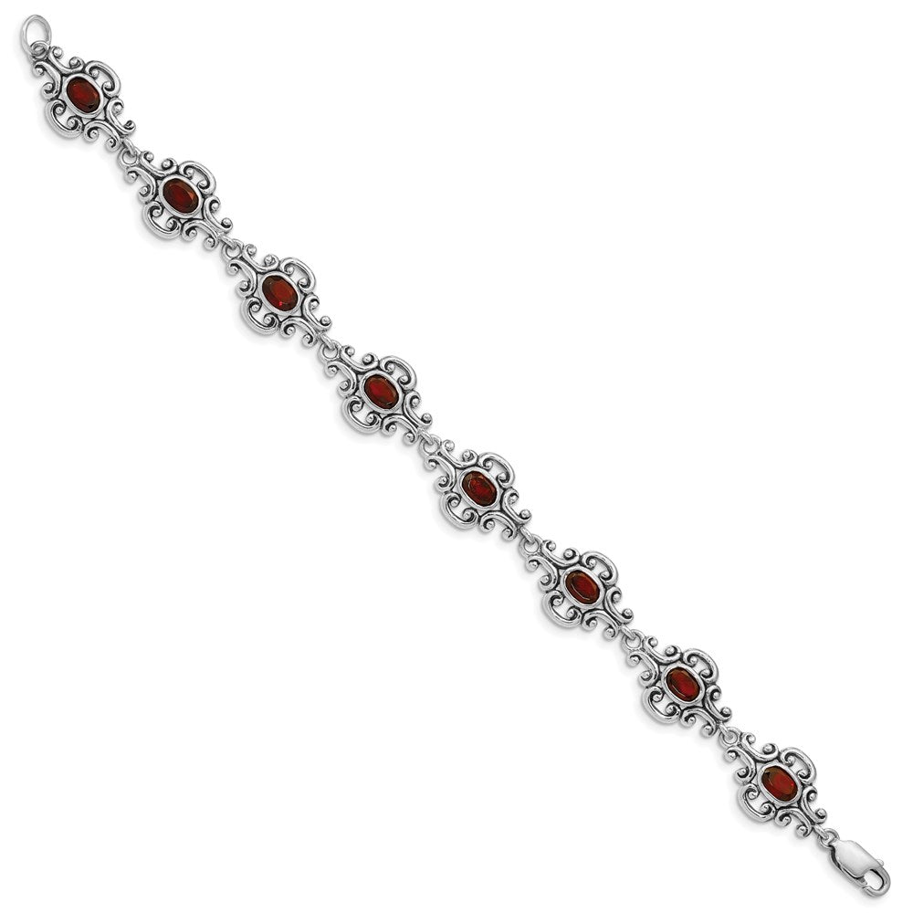 Sterling Silver Rhodium Plated Antiqued Garnet Bracelet 7.25 inches