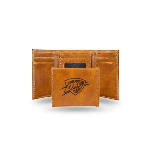 Oklahoma City Thunder Brown Laser Engraved Tri-Fold Wallet - Men's Accessory