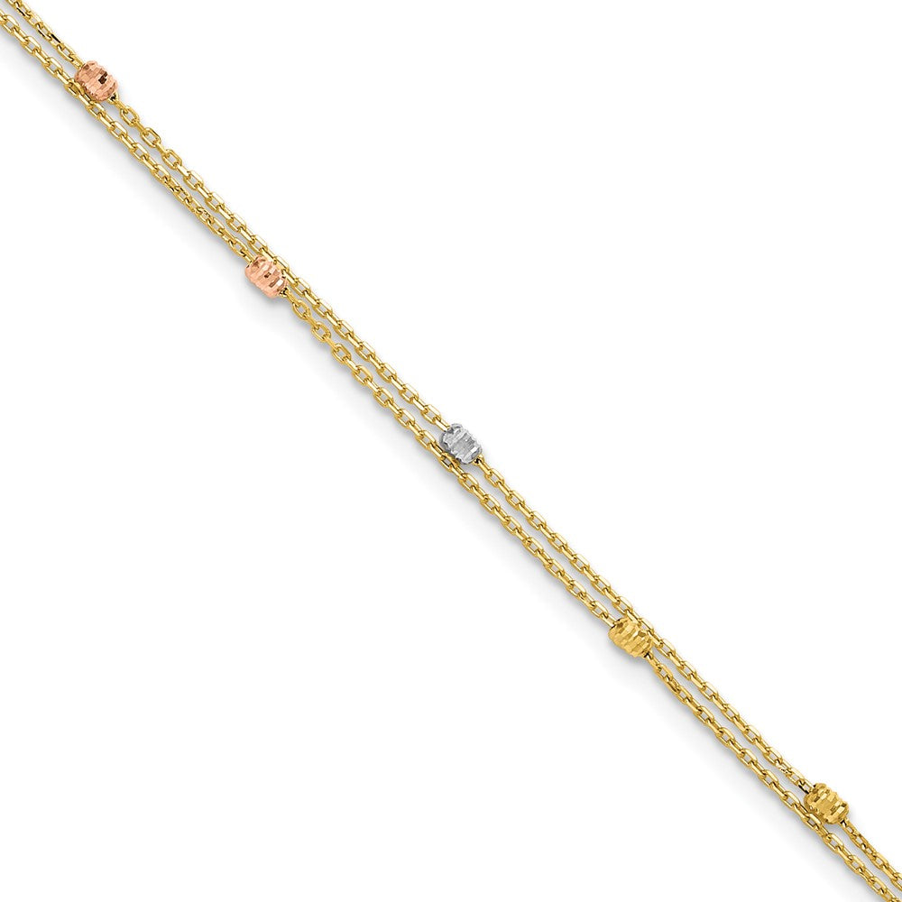 14K Tri-color Polish/Dia-cut 2-Strand 9in Plus 1in ext. Anklet