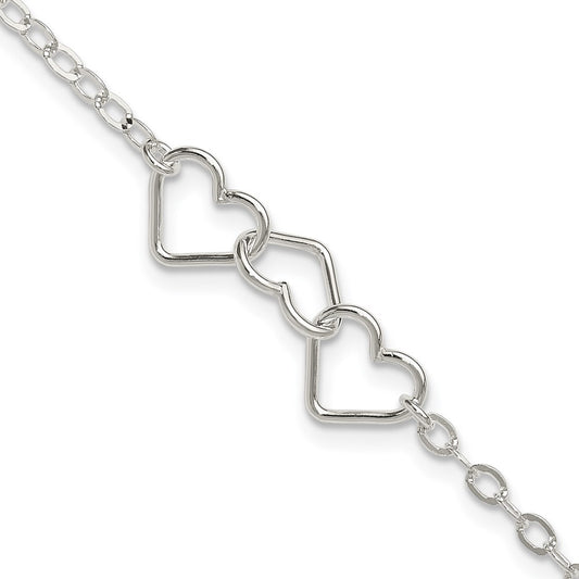 Sterling Silver 10inch Solid Polished Fancy Heart Link Anklet 10 inches