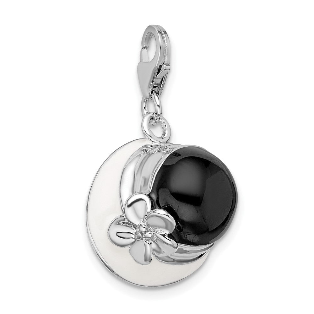 Amore La Vita Sterling Silver Rhodium-plated Polished 3-D Black and White Enameled Hat Charm with Fancy Lobster Clasp