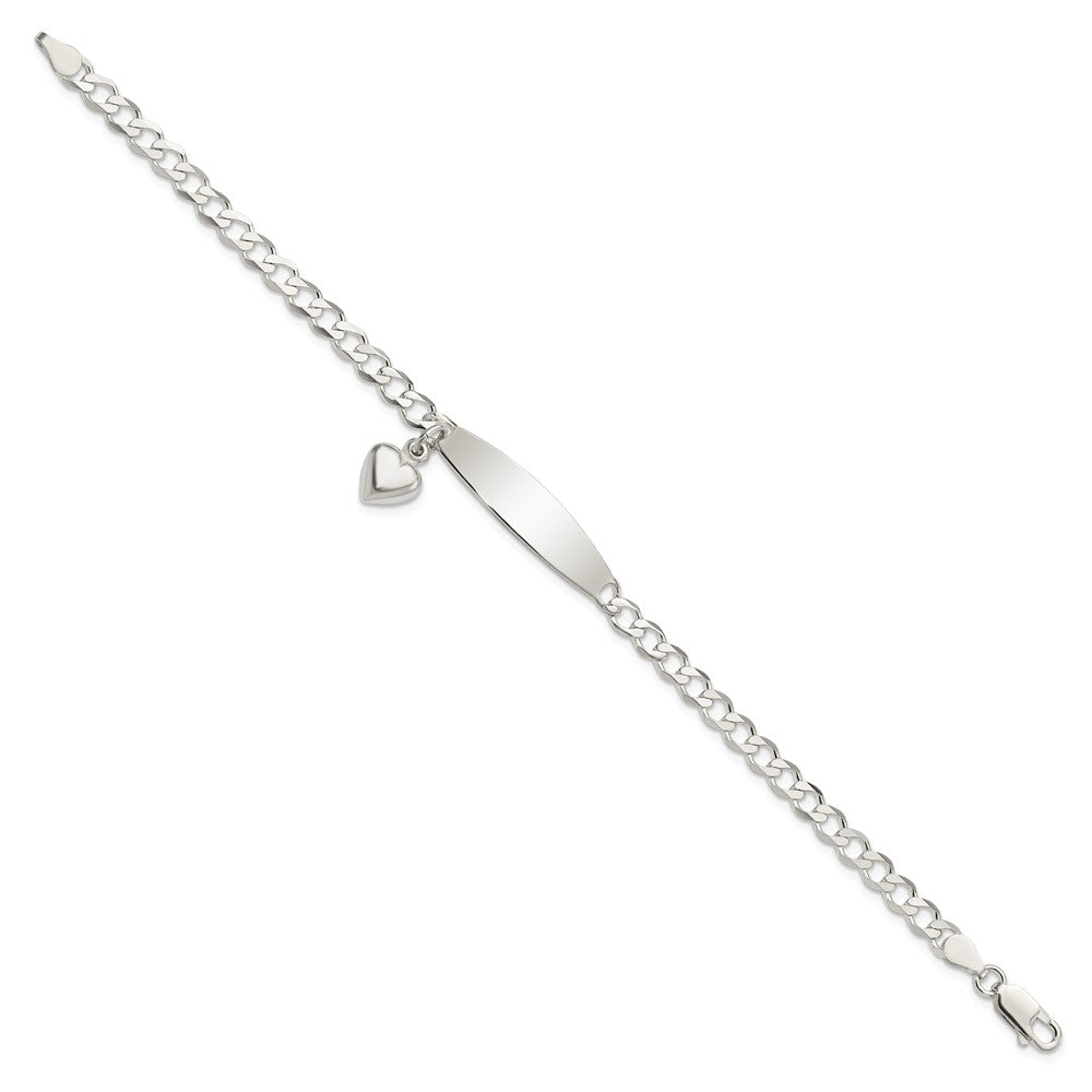 Sterling Silver Polished Curb Link ID Heart Dangle Bracelet 7.5 inches