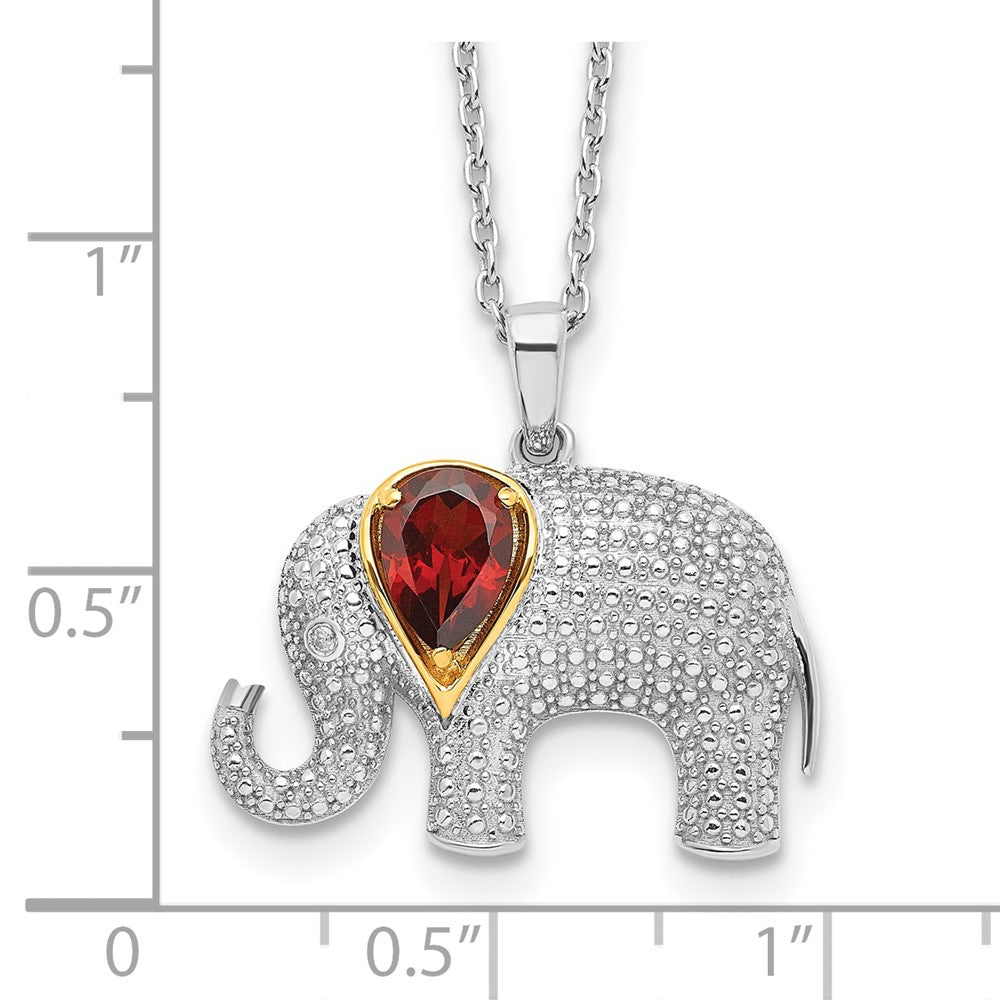 Brilliant Gemstones Sterling Silver with 14K Accent Rhodium-plated Garnet and Diamond Elephant 18 Inch Necklace with 2 Inch Extender 17 Inches