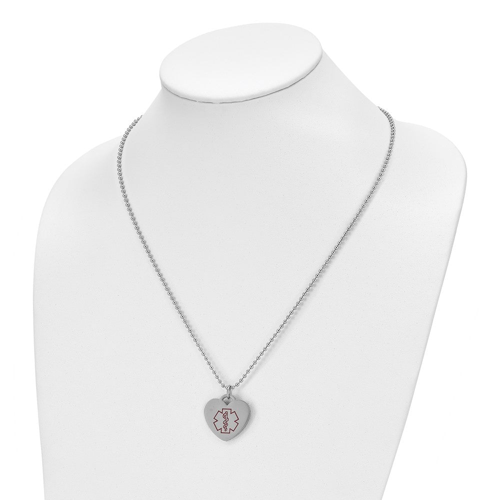 Stainless Steel Polished w/Red Enamel Heart Medical ID 22in Necklace