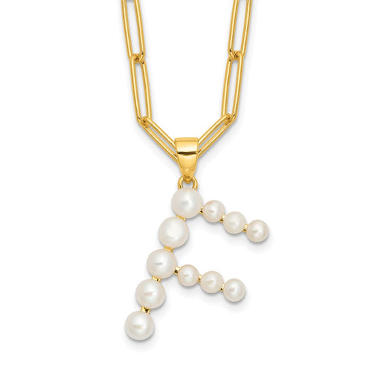 Sterling Silver Gold-plated 3-5.5mm White Button Freshwater Cultured Pearl LETTER F 18 inch Necklace