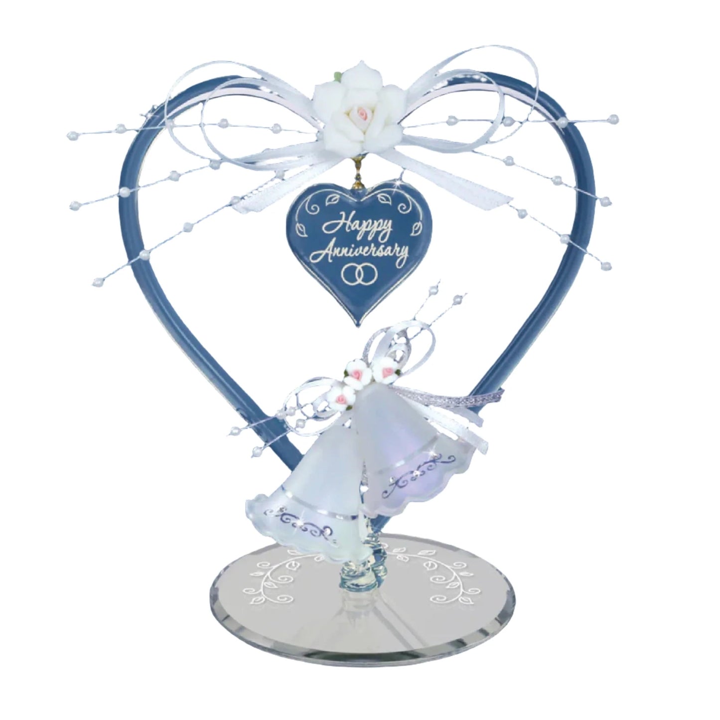HAPPY ANNIVERSARY Heart and Bells Handcrafted Glass Figurine with Ribbon QGM19298