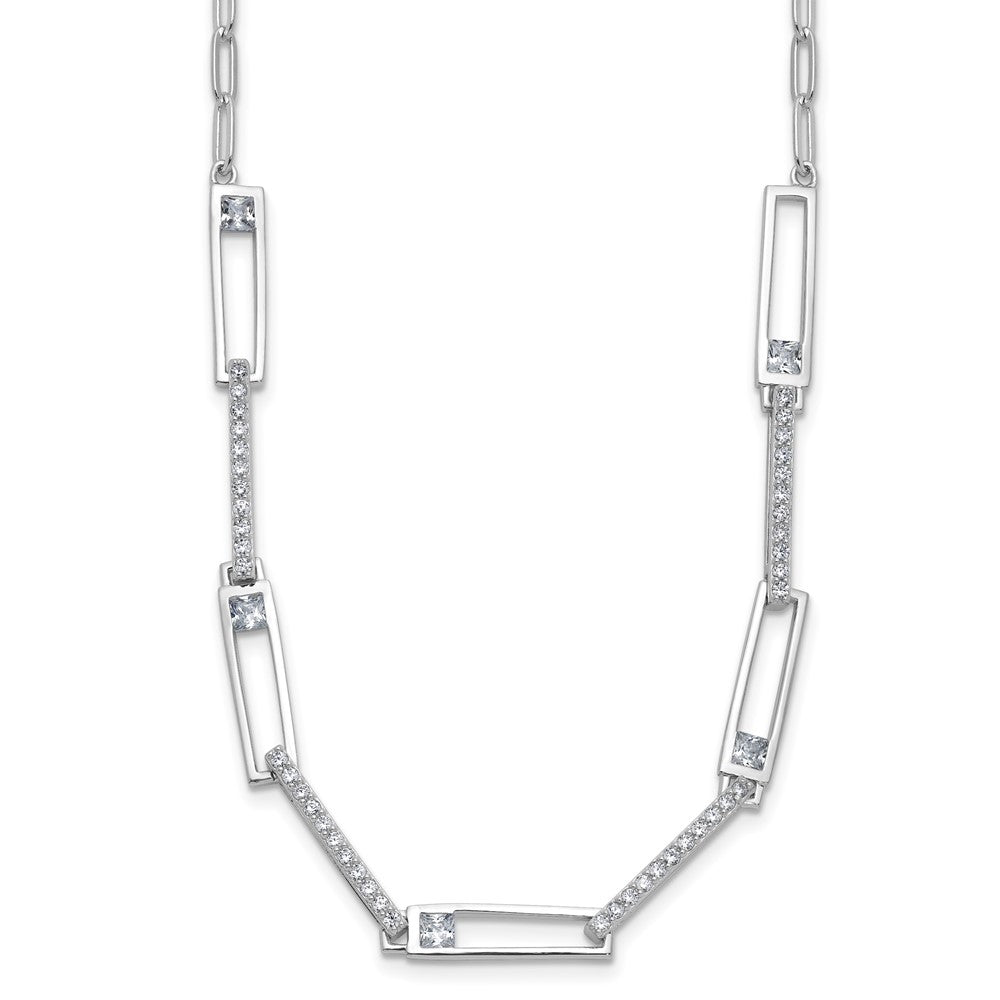 Cheryl M Sterling Silver Rhodium-plated Polished Fancy CZ Rectangular and Paperclip Link Necklace 18 Inches