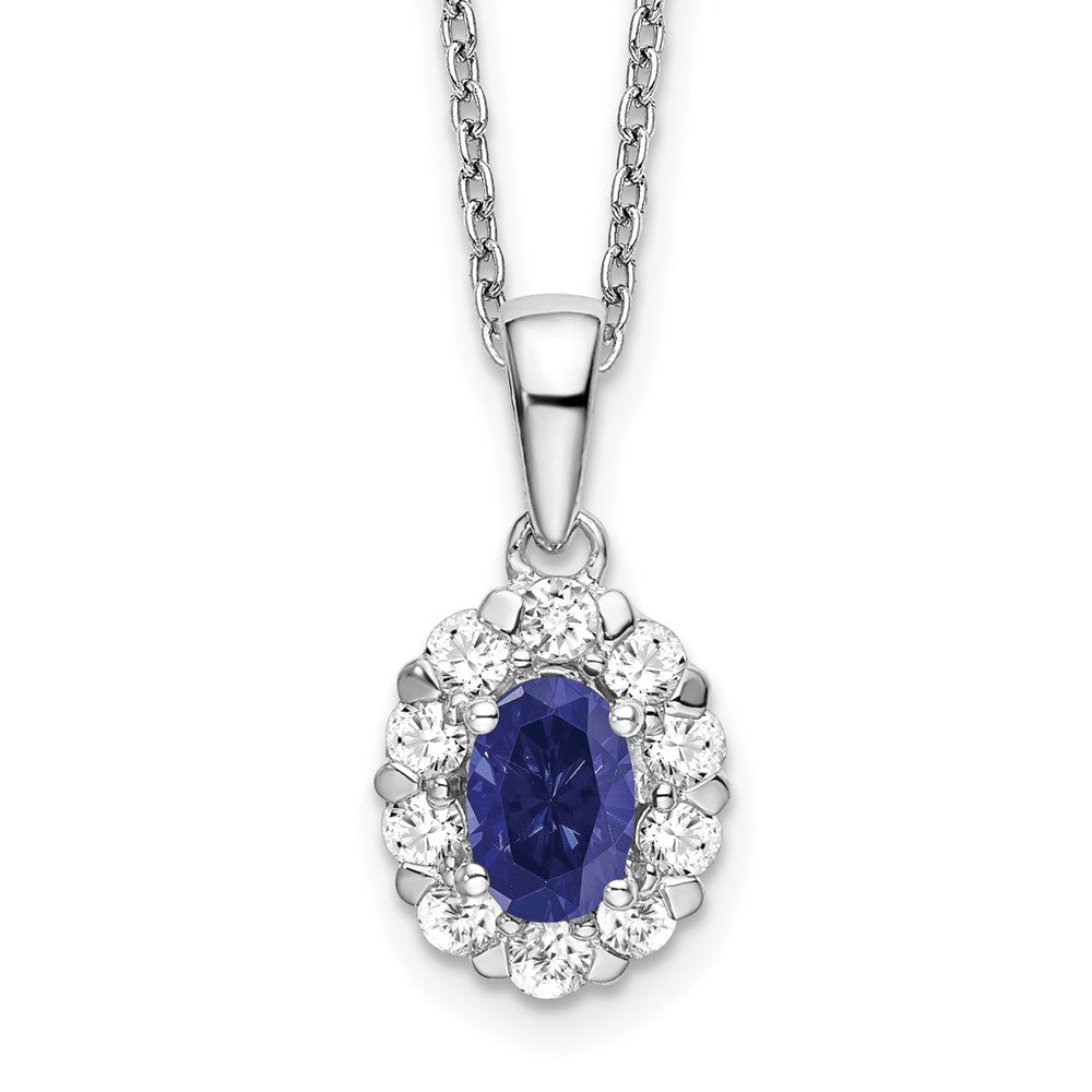14k White Gold 1/2 carat Lab Grown Diamond VS/SI+ G+ and Oval Lab Created Blue Sapphire 18 inch Halo Pendant Necklace