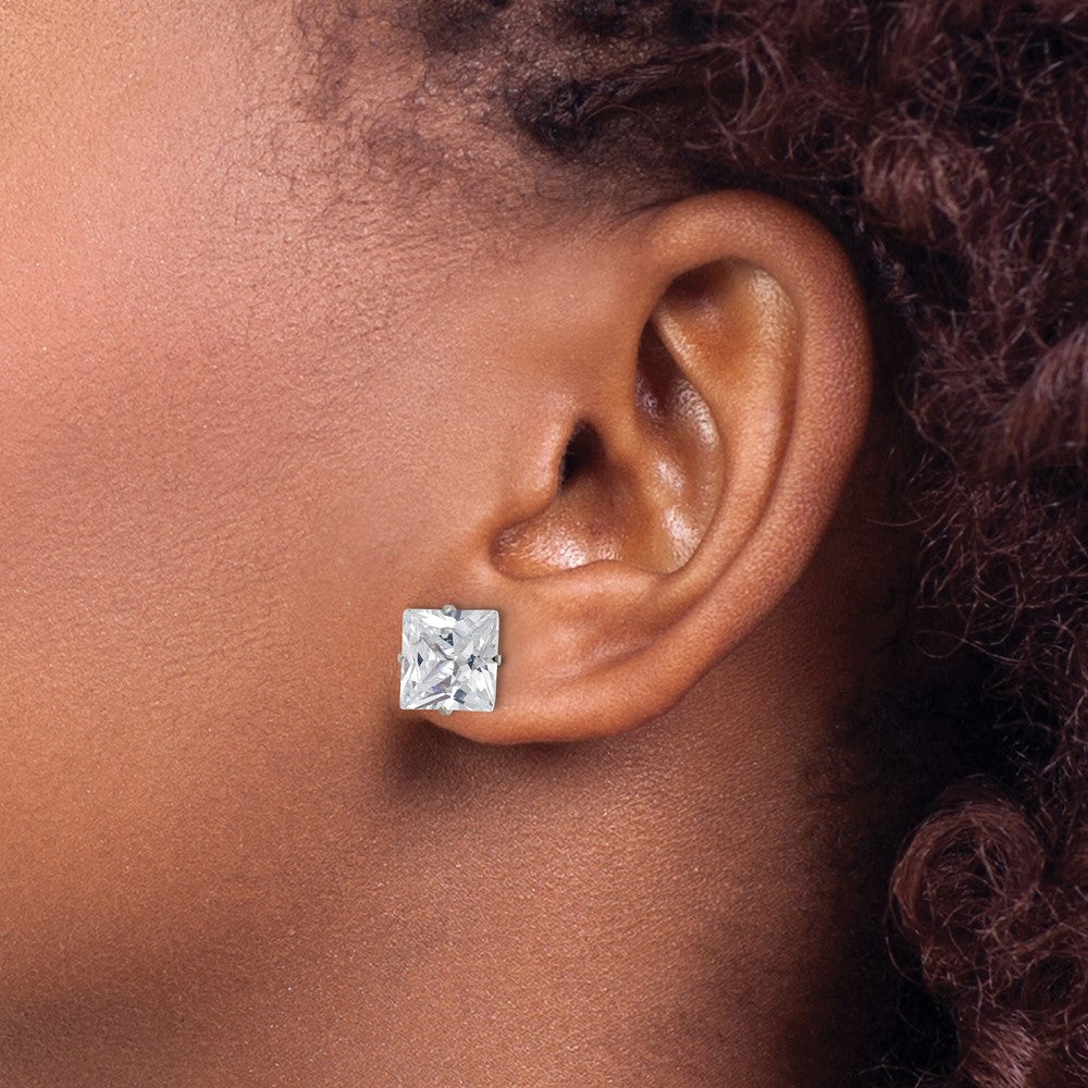 Stainless Steel Polished 9mm Square CZ Stud Post Earrings