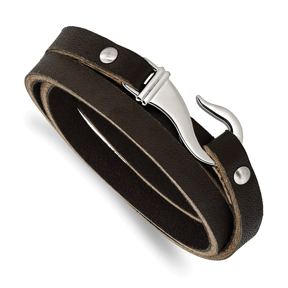 Stainless Steel Black and Brown Leather Wrap Bracelet 24 inches