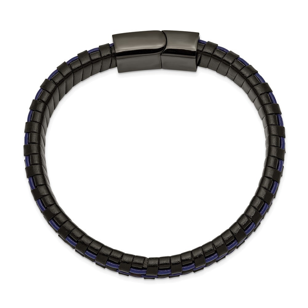 Stainless Steel Polished Black IP Black and Blue Leather 8.25in Bracelet 8.25 inches