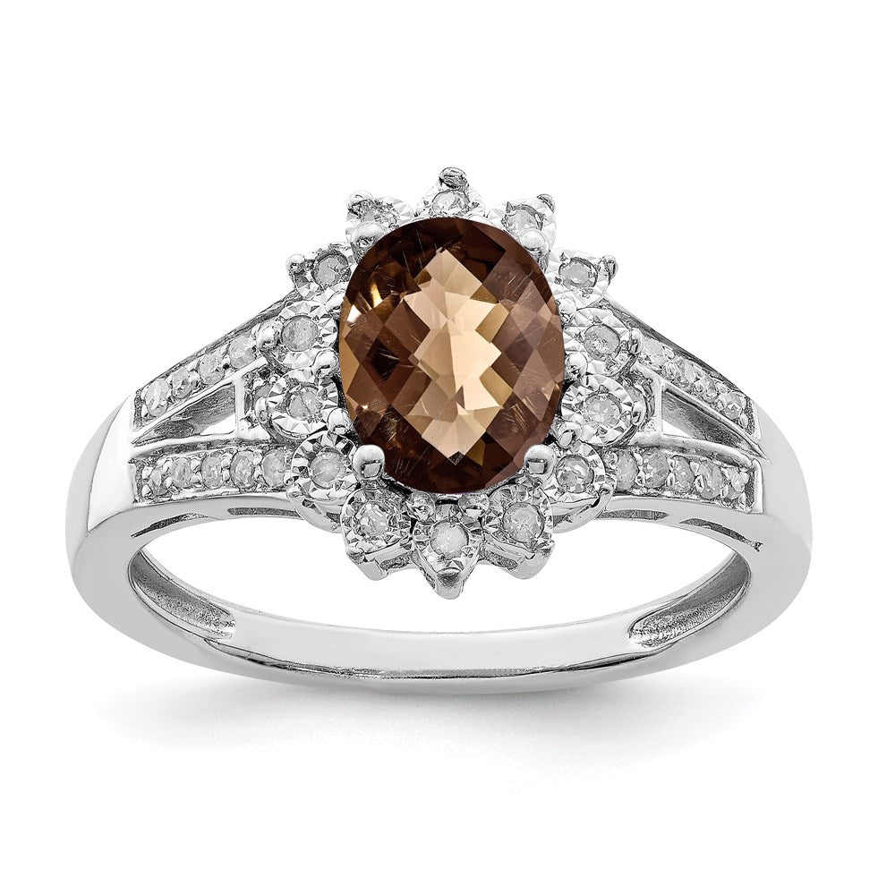 Sterling Silver Rhodium Diam. & Oval Checker-Cut Smoky Quartz Ring