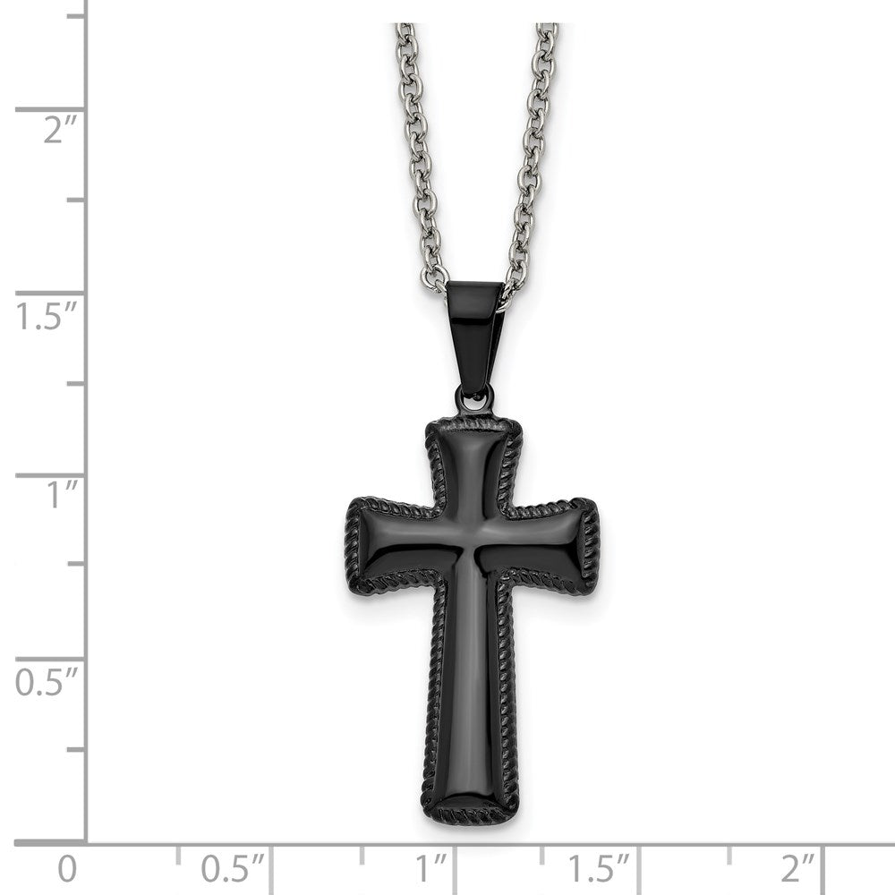 Stainless Steel Polished Black IP-plated Medium Pillow Cross 18in Necklace