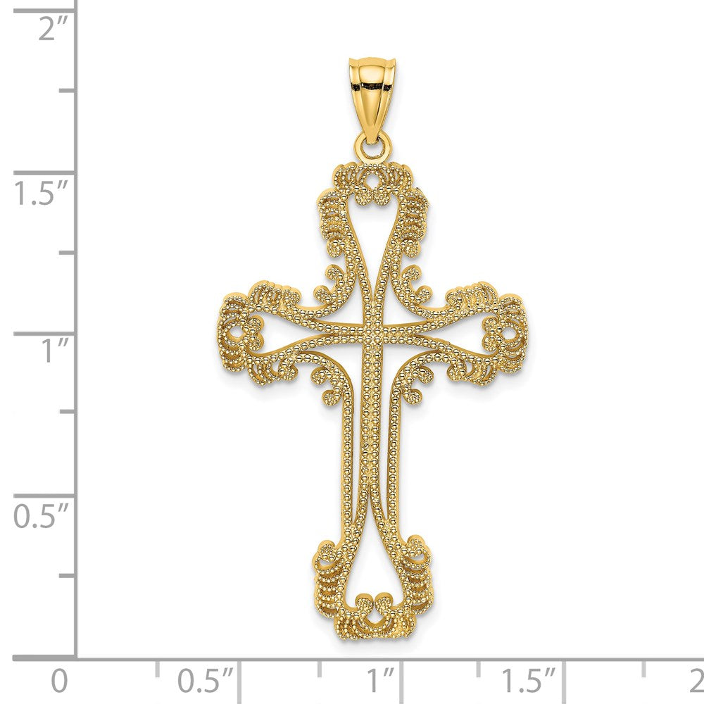 14K Beaded Cut-Out Cross w/ Swirled Design Charm