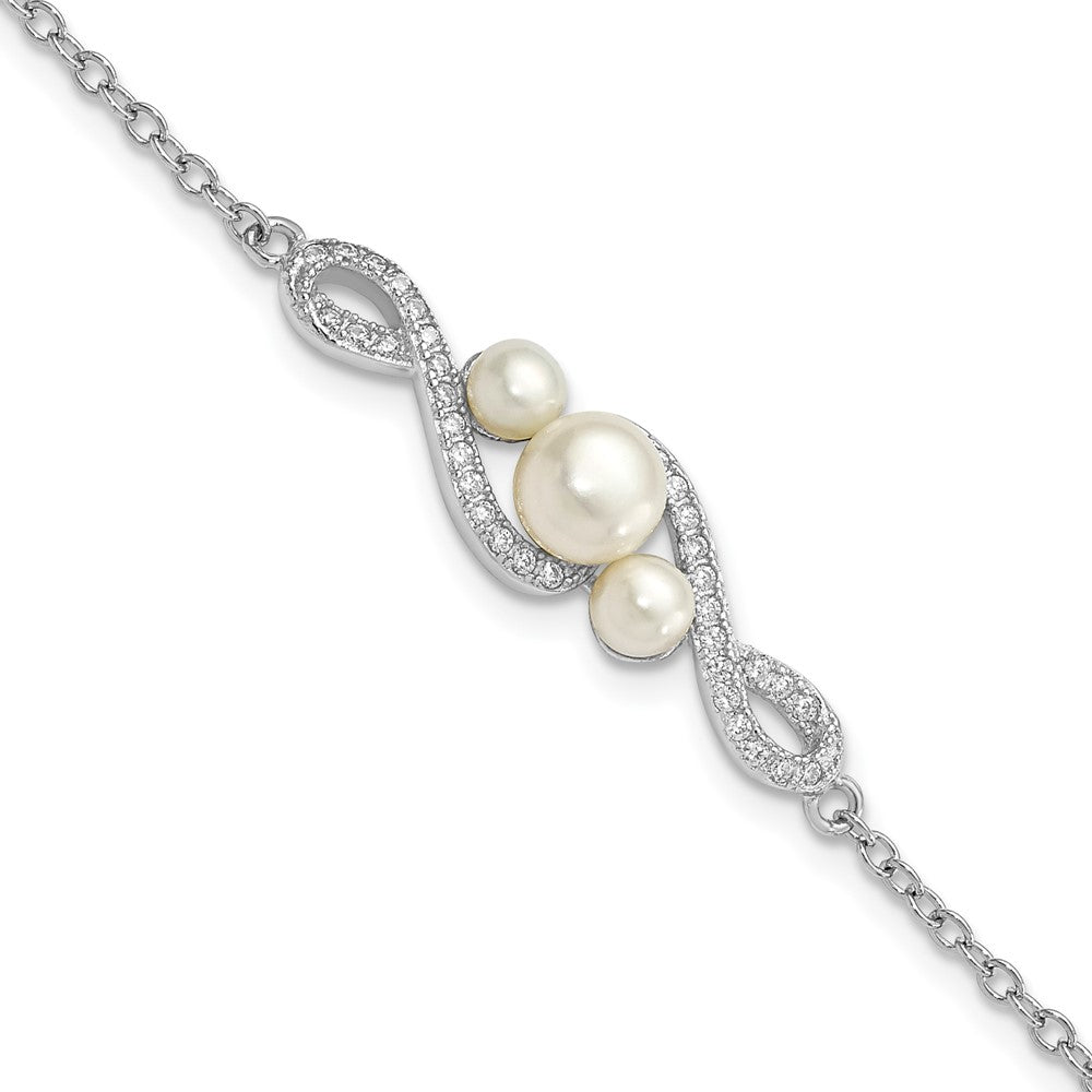 Sterling Silver Rhodium-plated 4-7mm White Button Freshwater Cultured Pearl and CZ 7 inch with 2 inch Extension Bracelet 9 inches