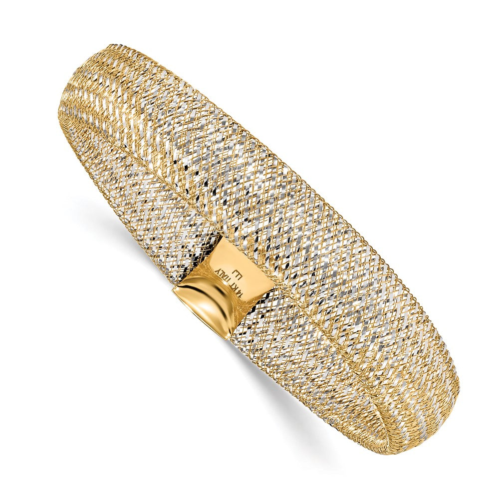 14K w/Rhodium Polished Mesh Stretch Bracelet 6  inches