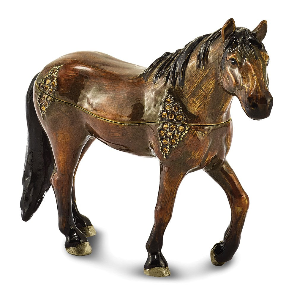 Luxury Giftware by Jere Pewter Bejeweled Crystals Gold-tone Enameled SPENCER Dark Bay Horse Trinket Box with Matching 18 Inch Necklace QBJ4005