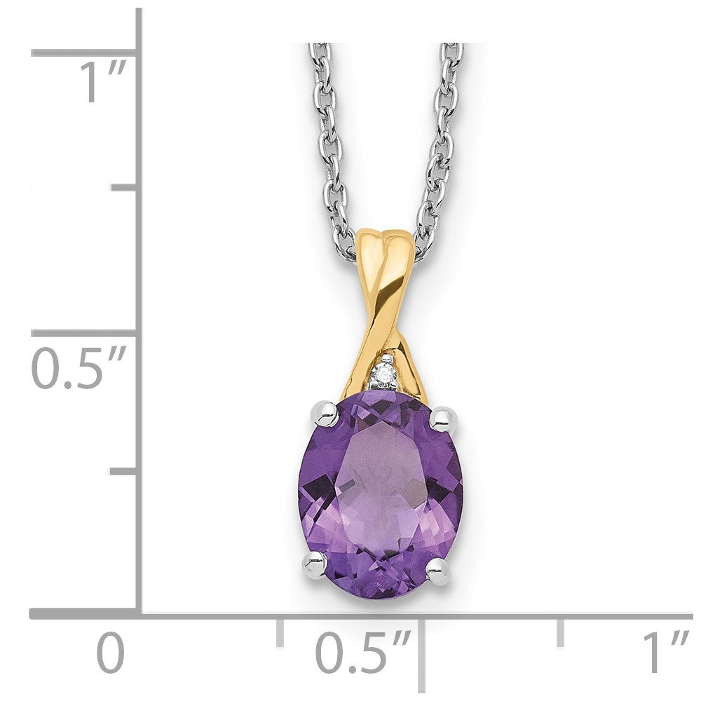 Brilliant Gemstones Sterling Silver with 14K Accent Rhodium-plated Amethyst and Diamond 18 Inch Necklace with 2 Inch Extender 18 Inches