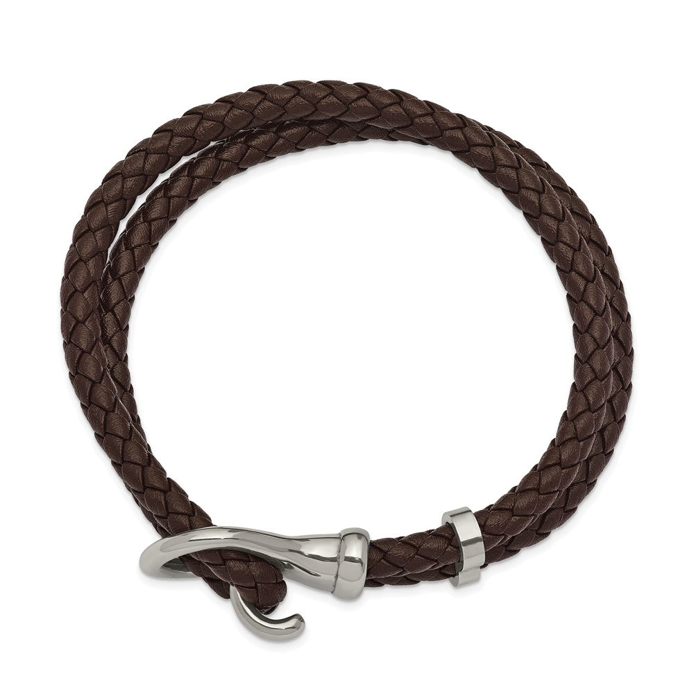 Stainless Steel Polished Braided Brown Leather 8in Bracelet 8 inches