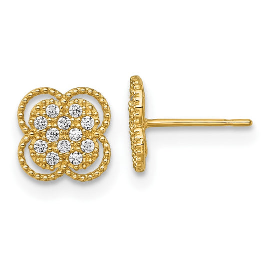 10k Polished Pave CZ Floral Post Earrings