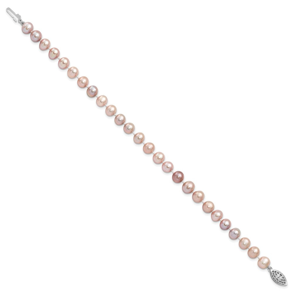 Sterling Silver Rhodium-plated 6-7mm Purple Near-Round Freshwater Cultured Pearl 7.25 inch Bracelet 7.25 inches