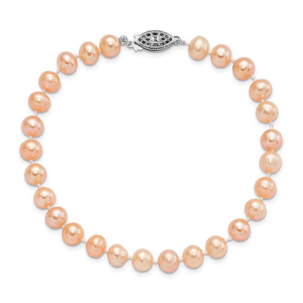 Sterling Silver Rhodium-plated 6-7mm Pink Near-Round Freshwater Cultured Pearl 7.25 inch Bracelet 7.25 inches