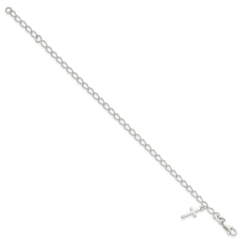 Sterling Silver Polished Latin Cross Charm with 1in Ext. Children's Bracele 7 inches