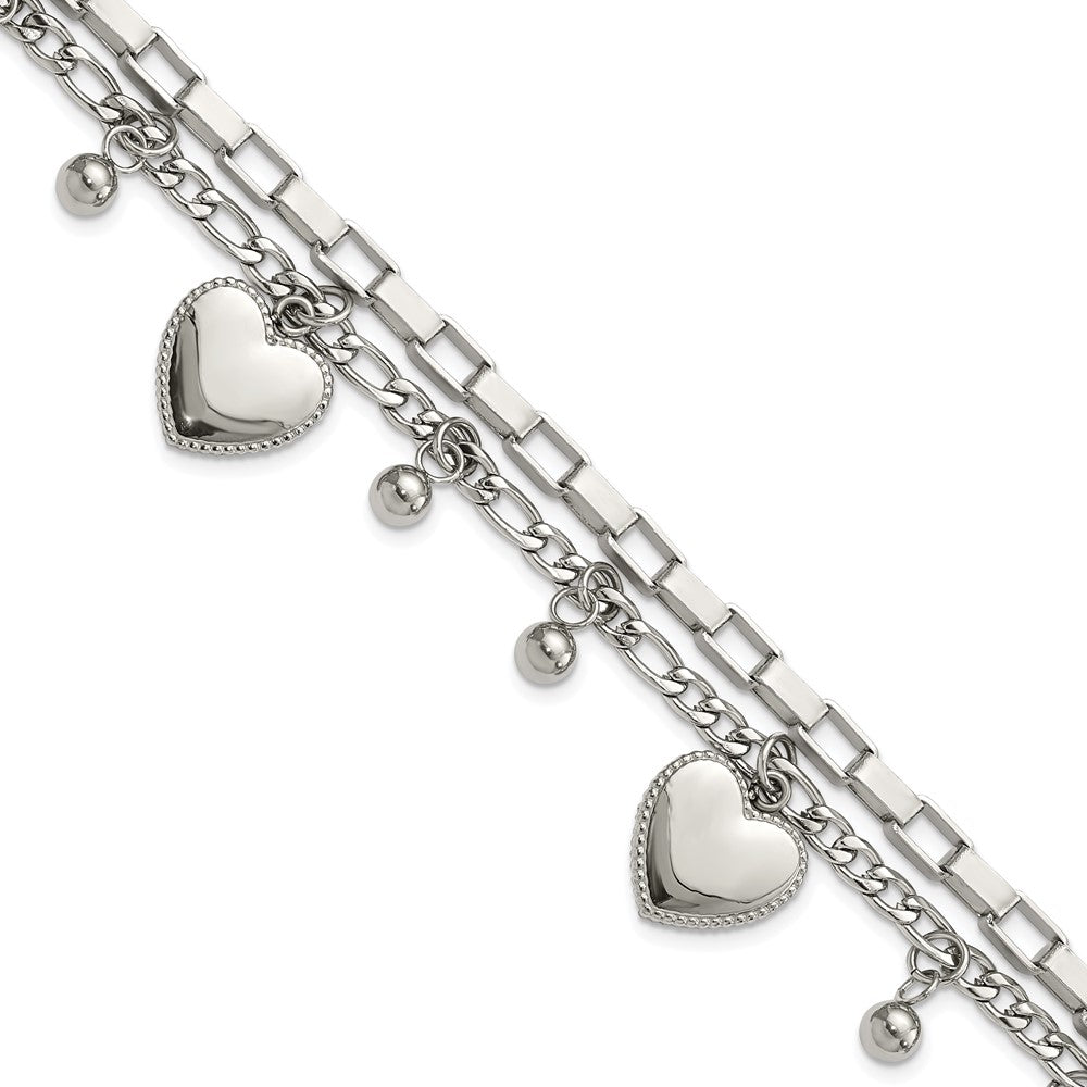 Stainless Steel Polished Hearts and Beads 7in w/2in ext. Bracelet 7 inches