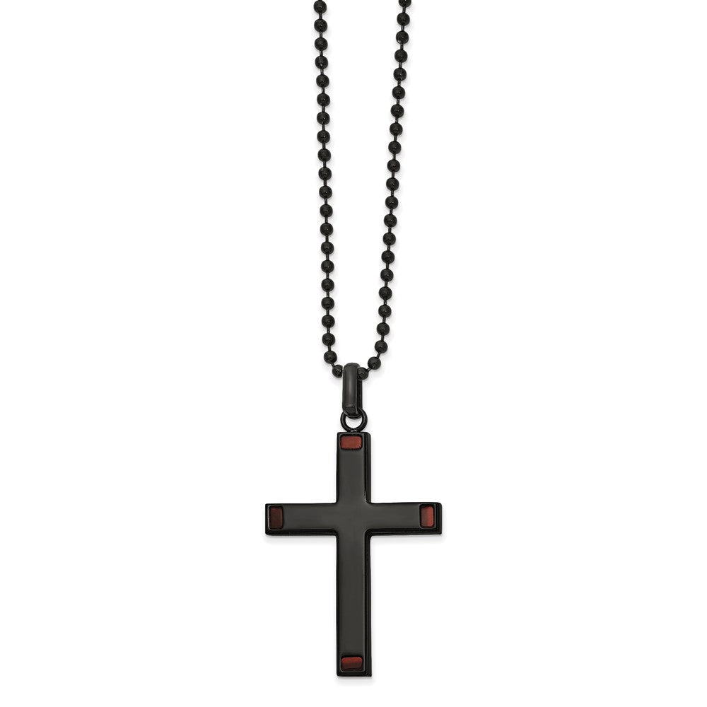 Stainless Steel Polished Black IP-plated w/Tiger's Eye Cross 22in Necklace