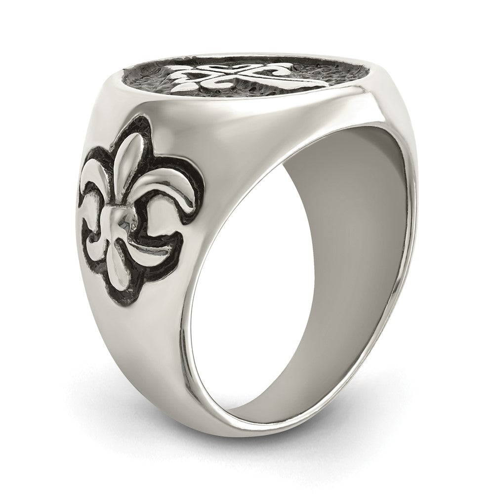 Stainless Steel Antiqued and Polished Fleur de Lis Cross Ring Size - 12