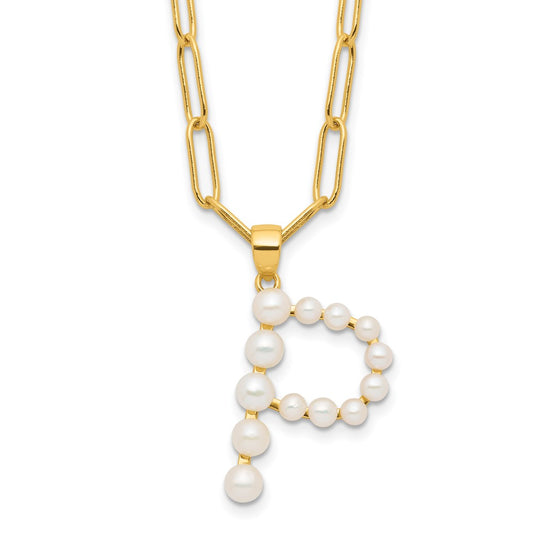 Sterling Silver Gold-plated 3-5.5mm White Button Freshwater Cultured Pearl LETTER P 18 inch Necklace