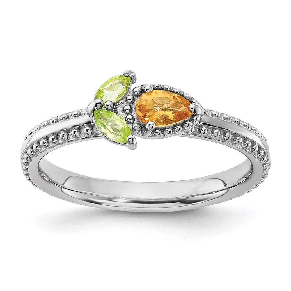 Sterling Silver Stackable Expressions Rhodium-plated Textured Citrine and Peridot Flower Ring Size -6
