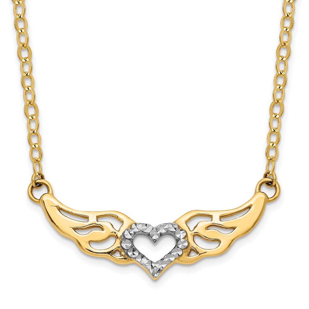14K w/White Rhodium D/C Wings with Heart Pendant Necklace