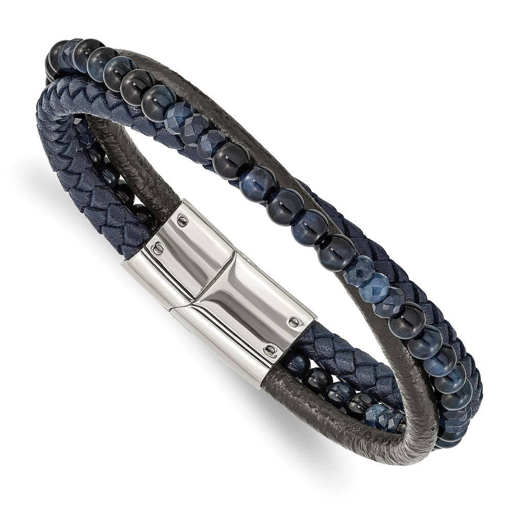 Stainless Steel Polished with Blue Chalcedony/Tiger's Eye Leather Bracelet 8.25 inches