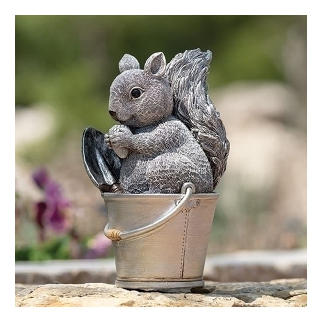 Roman Pudgy Pals Squirrel in Bucket Garden Statue, 9.25-inch Height, Outdoor Decoration